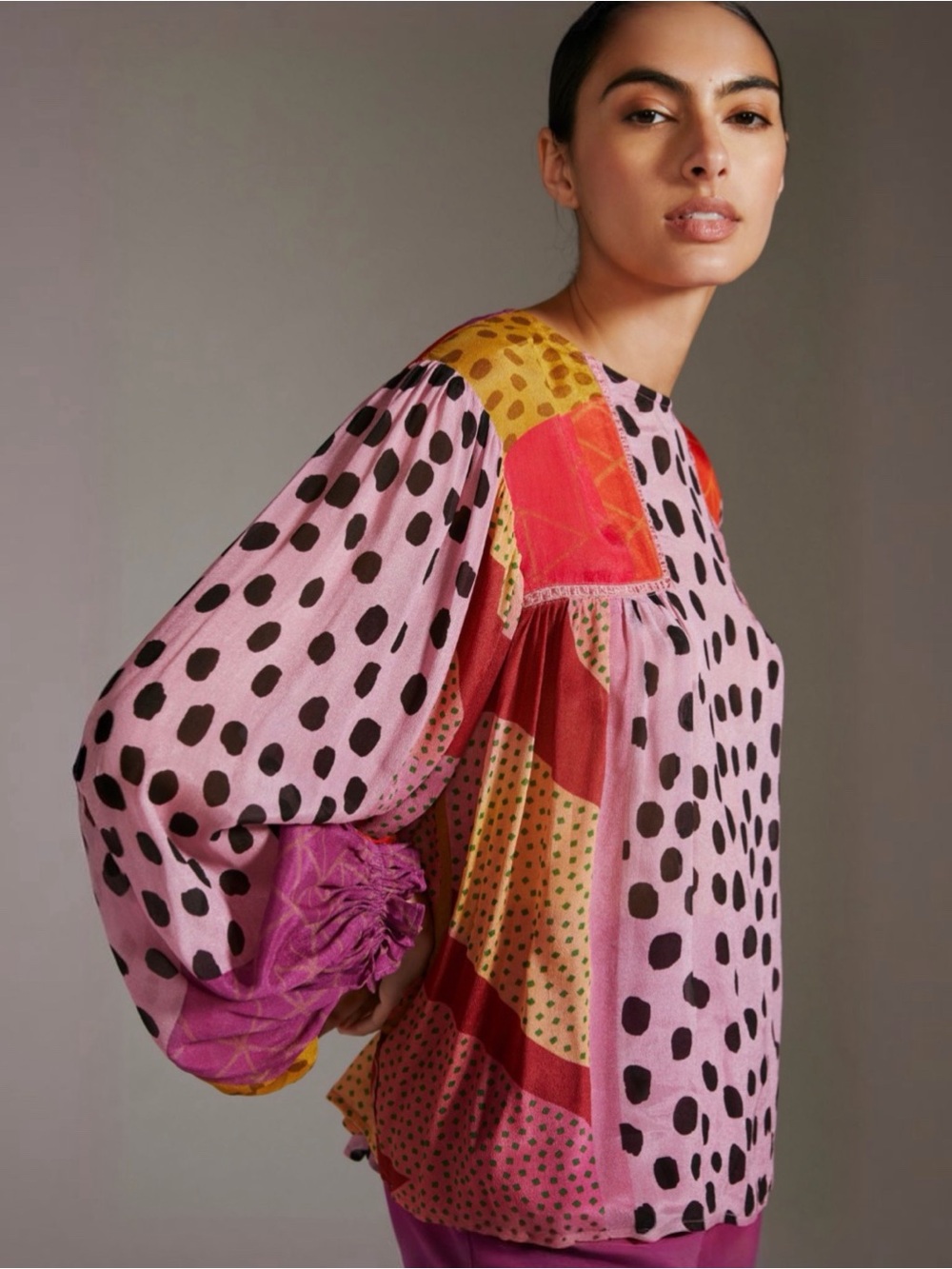Anthropologie BL-NK Eclectic Pink Patchwork Peasant Blouse Petite Boho Top NWT - Picture 5 of 7